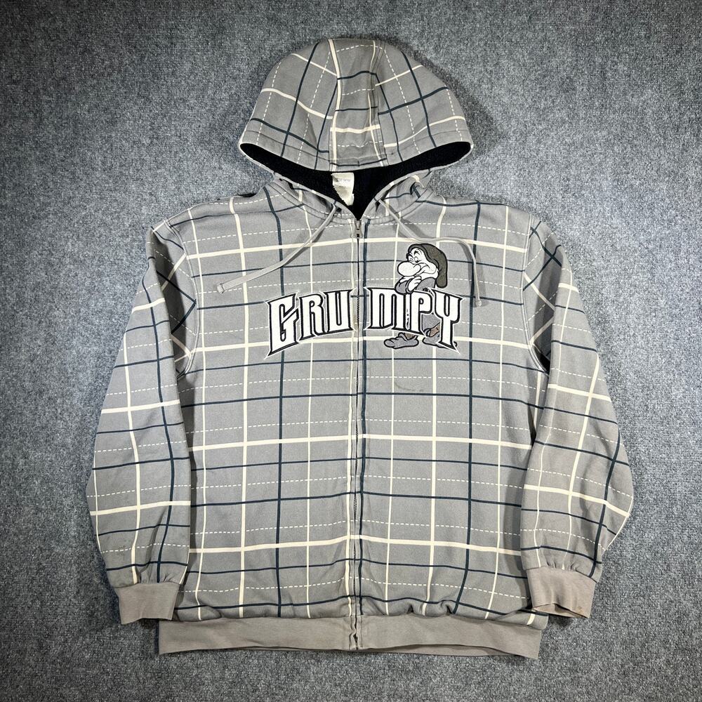 Y2K Disney Grumpy Zip Hoodie Sherpa Lined Gray Plaid Large